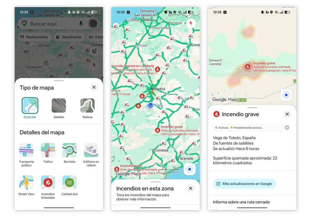 Así se activa en Google Maps el mapa de incendios en España