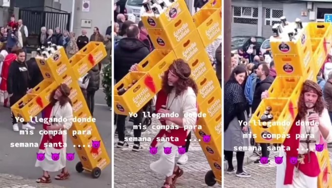Quiso representar a Jesús con una cruz hecha con cajas de cervezas y provocó indignación en las redes