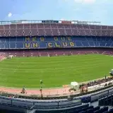 Panoramic view of Camp Nou stadium showcasing its iconic seating and field.