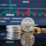 Stack of Bitcoin coins in front of a stock market graph, reflecting cryptocurrency trends.