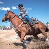 A woman rides a horse performing a fast turn at a rodeo under a bright blue sky.