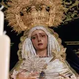 A detailed statue of the Virgin Mary from Semana Santa celebrations in San Fernando, Spain.