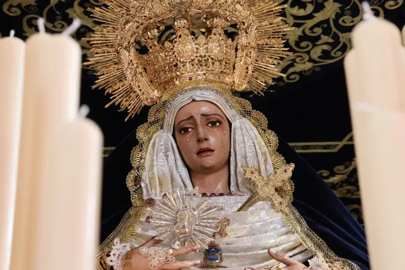 A detailed statue of the Virgin Mary from Semana Santa celebrations in San Fernando, Spain.