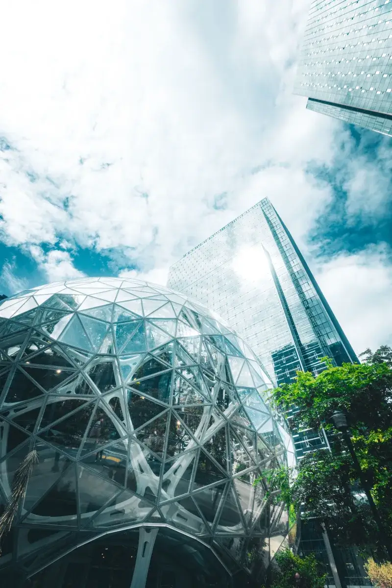 Striking view of Seattle's Amazon Spheres with city skyscrapers under a bright sky.