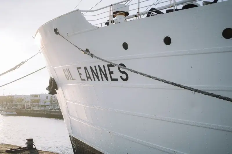 Close-up of the Gil Eannes museum ship moored at Viana do Castelo harbor, Portugal.