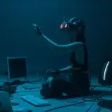 Woman immersed in virtual reality, surrounded by tech, in a dimly lit room.