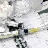 Medical arrangement of osteoporosis treatment tools with injections and pills.
