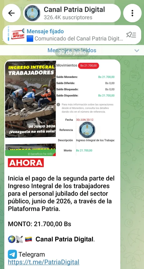 Jubilados de la administración pública reciben Bs. 21.700 del Ingreso Integral