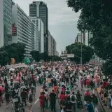 A large street protest with diverse crowd in Rio de Janeiro, Brasil.