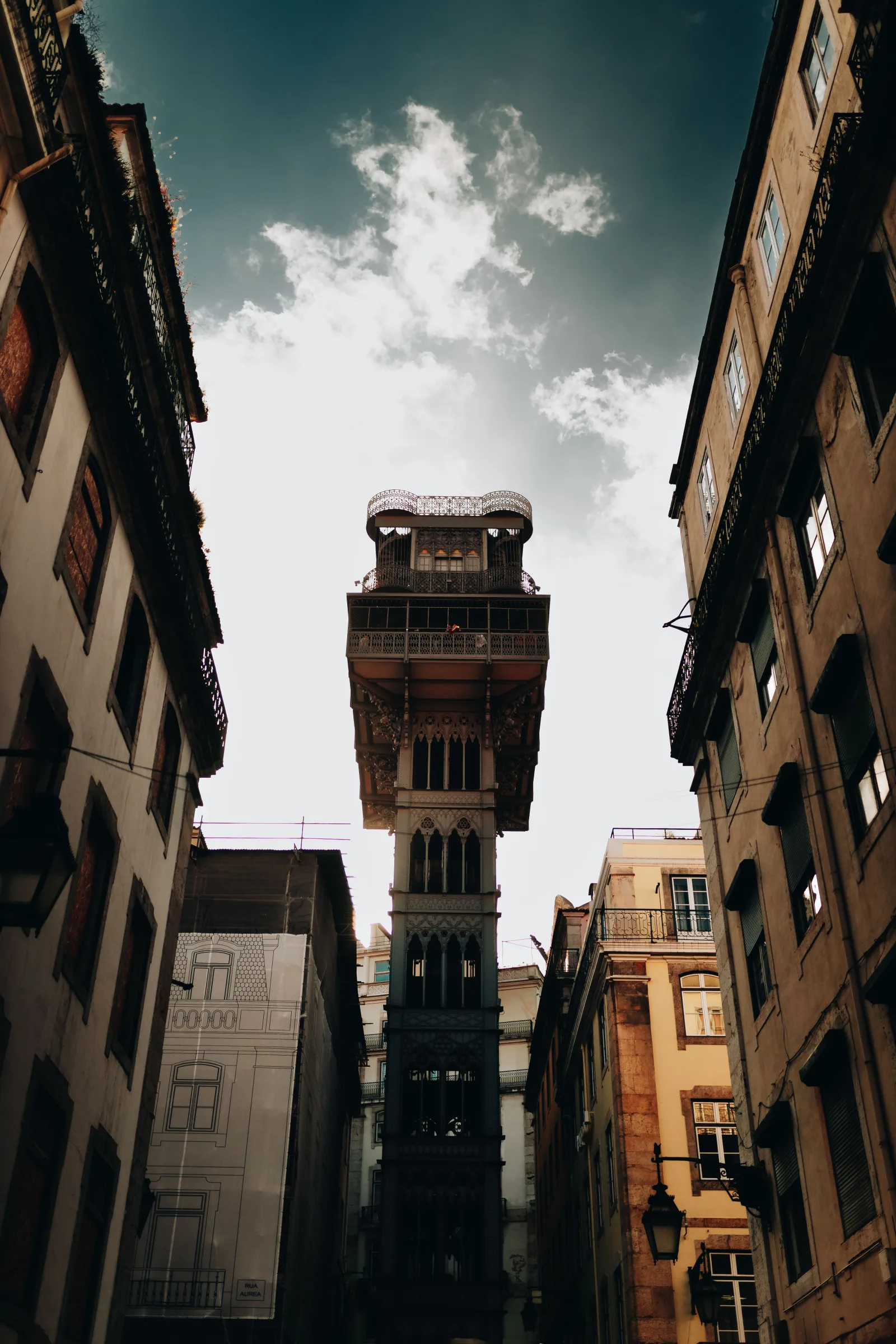 Low angle view of Santa Justa Lift, an iconic landmark in Lisbon, Portugal.