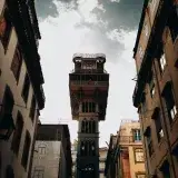 Low angle view of Santa Justa Lift, an iconic landmark in Lisbon, Portugal.