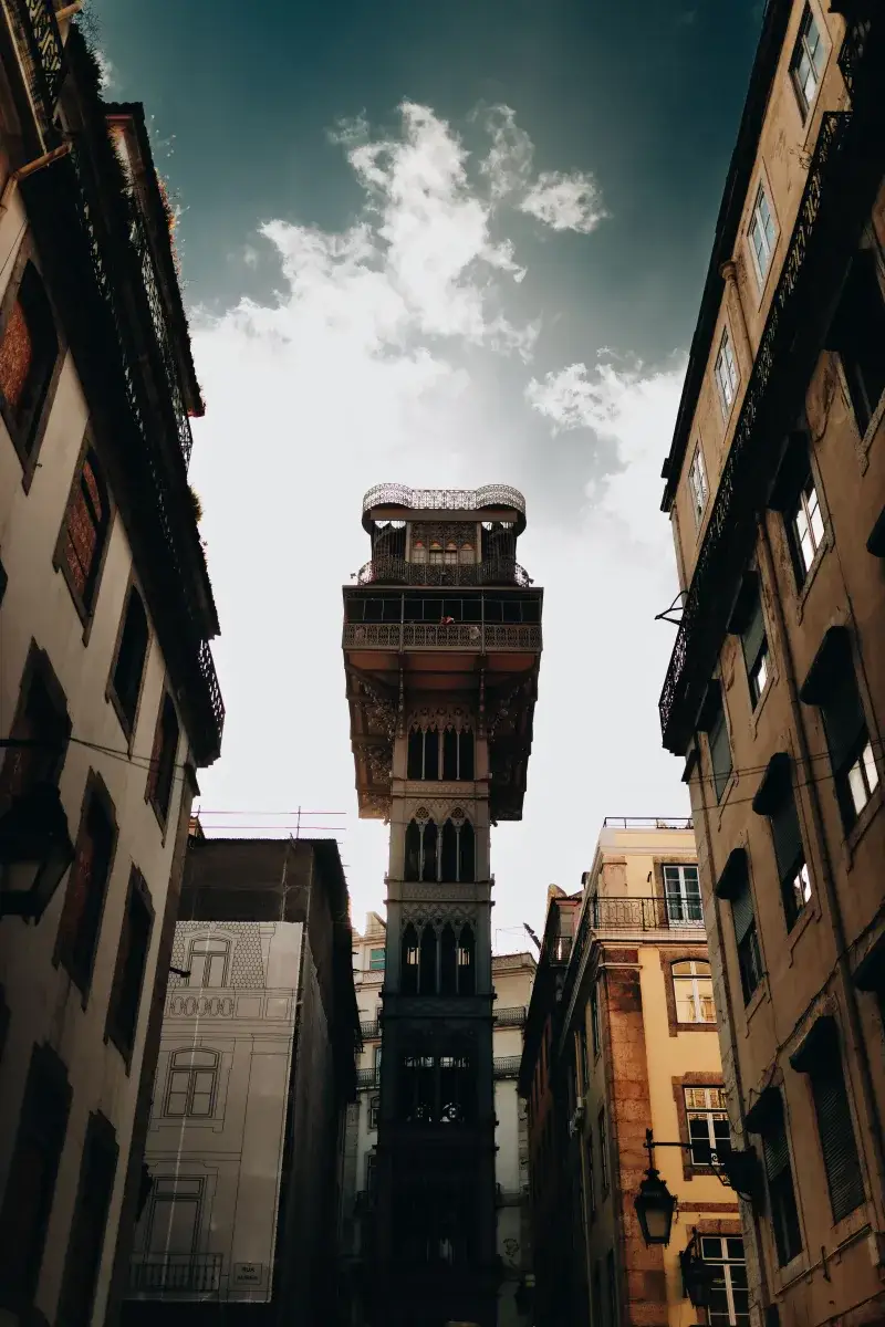 Low angle view of Santa Justa Lift, an iconic landmark in Lisbon, Portugal.