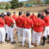 Baseball team in red jerseys gathers for a pre-game strategy session on a sunny day.