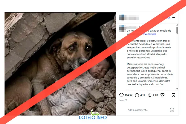 Falsa imagen de perro y bebé bajo escombros
