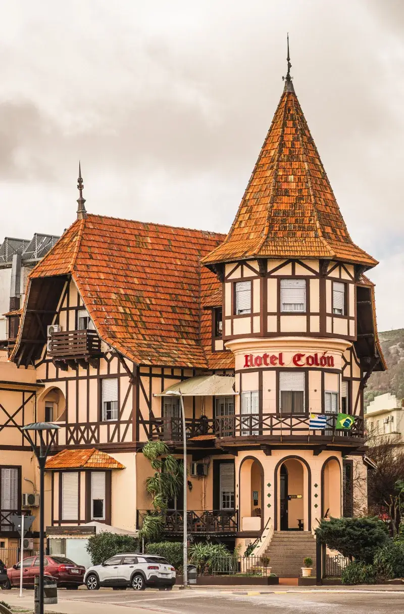 Tudor-style architecture of Hotel Colón with vintage charm in Uruguayana, Brazil, perfect for travel enthusiasts.