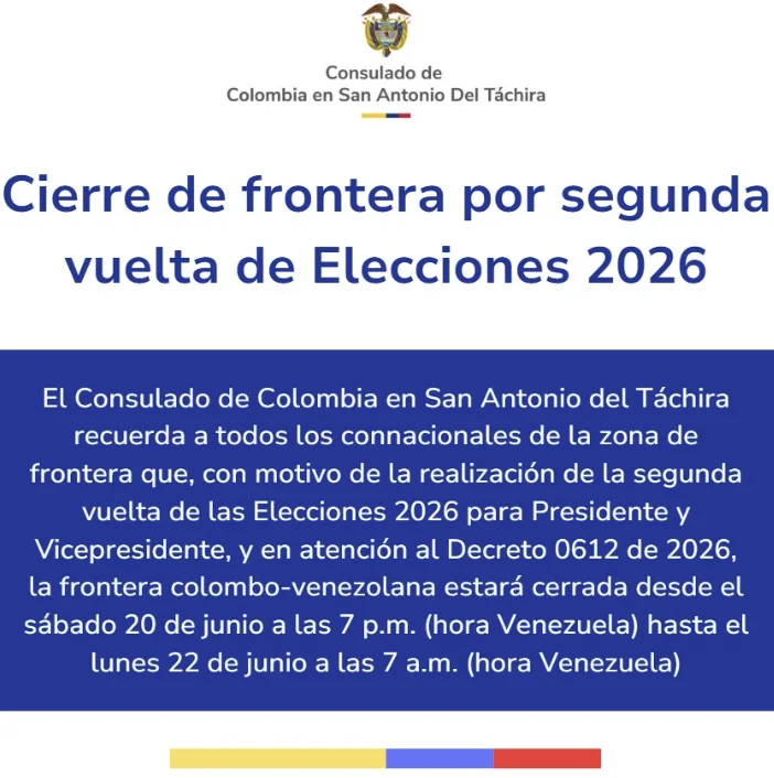 Colombia cerrará su frontera con Venezuela por la segunda vuelta presidencial