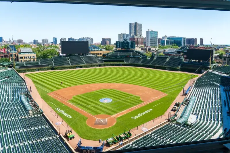Expansive view of Wrigley Field, home of the Chicago Cubs, showcasing the vibrant stadium and cityscape.
