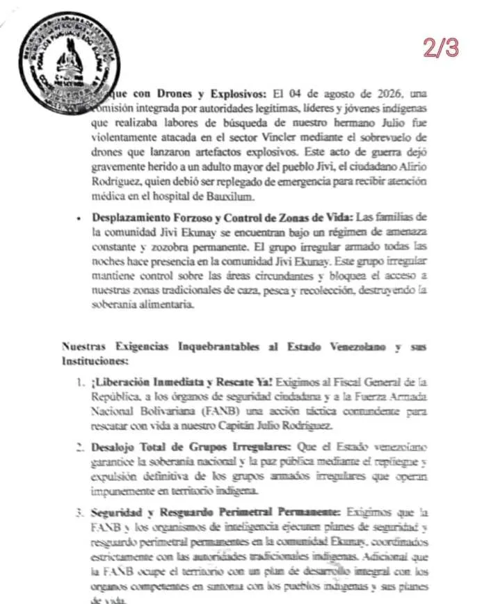 FARC secuestran a líder indígena Mapoyo en el estado Bolívar