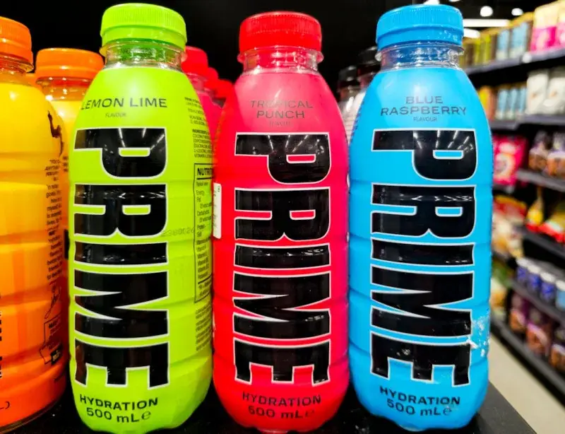 Photograph of Prime Energy Drink bottles, a popular hydration and performance beverage brand. Known for its bold packaging and vibrant flavors, Prime has become a trending sports and lifestyle drink.