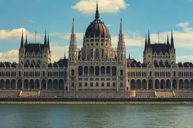 Majestic view of the Hungarian Parliament Building in Budapest along the Danube River.