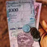 Hand holding Venezuelan bolivares and coins, symbolizing finance.