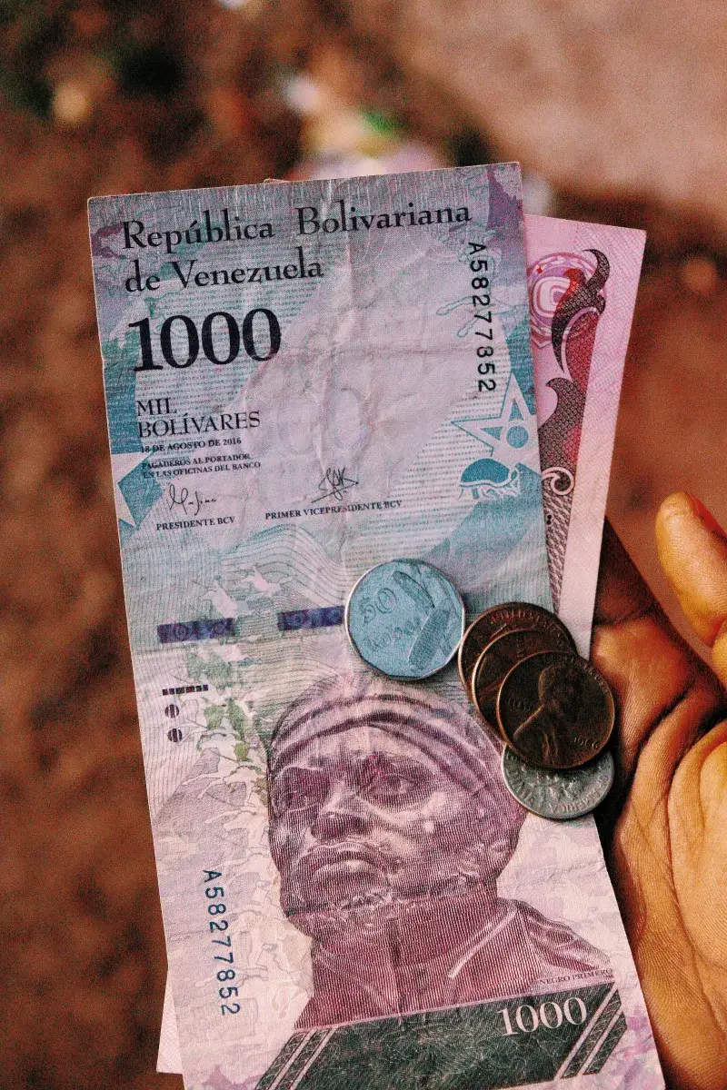 Hand holding Venezuelan bolivares and coins, symbolizing finance.