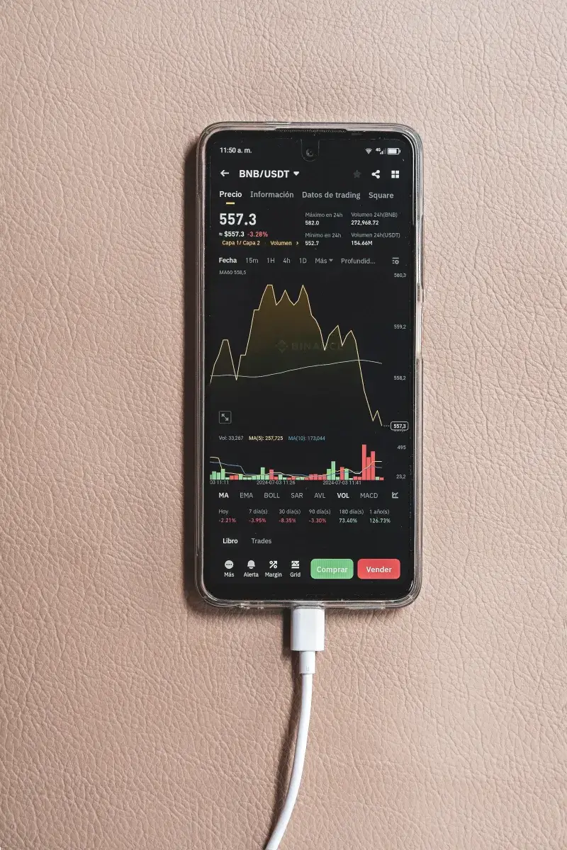Smartphone mostrando el gráfico de negociación BNB/USDT con el cable de carga conectado.