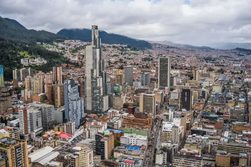 Aerial view of downtown Bogotá, Colombia showcasing modern skyscrapers and urban layout.
