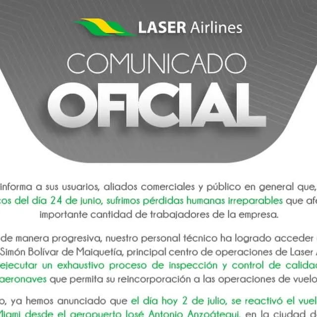 Publicación de Instagram de Laser Airlines
