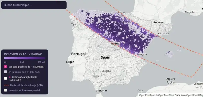 Eclipse del 12 de agosto: mapa con duración y horarios por localidad