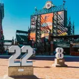 View of Eutaw Street entrance at Camden Yards adorned with Baltimore Orioles signage and team monuments.