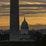 Washington D.C. skyline featuring the Washington Monument and US Capitol at sunset.