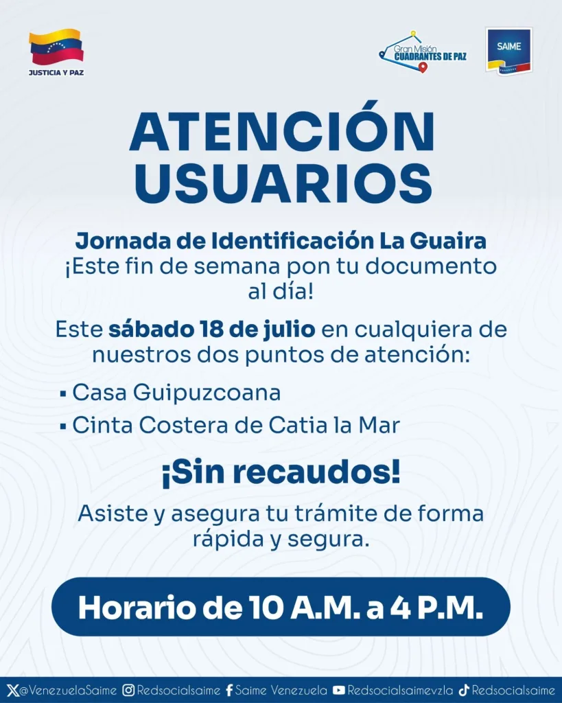 Saime ofrecerá cedulación gratuita y sin requisitos en La Guaira
