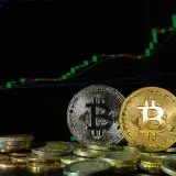 Bitcoin coins in front of a rising financial graph, symbolizing market growth and investment potential.
