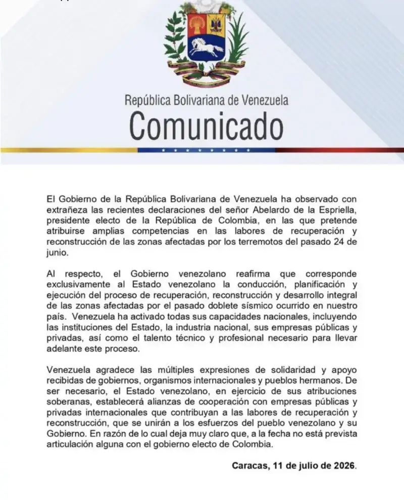 Venezuela rechaza intervención de Colombia en la reconstrucción