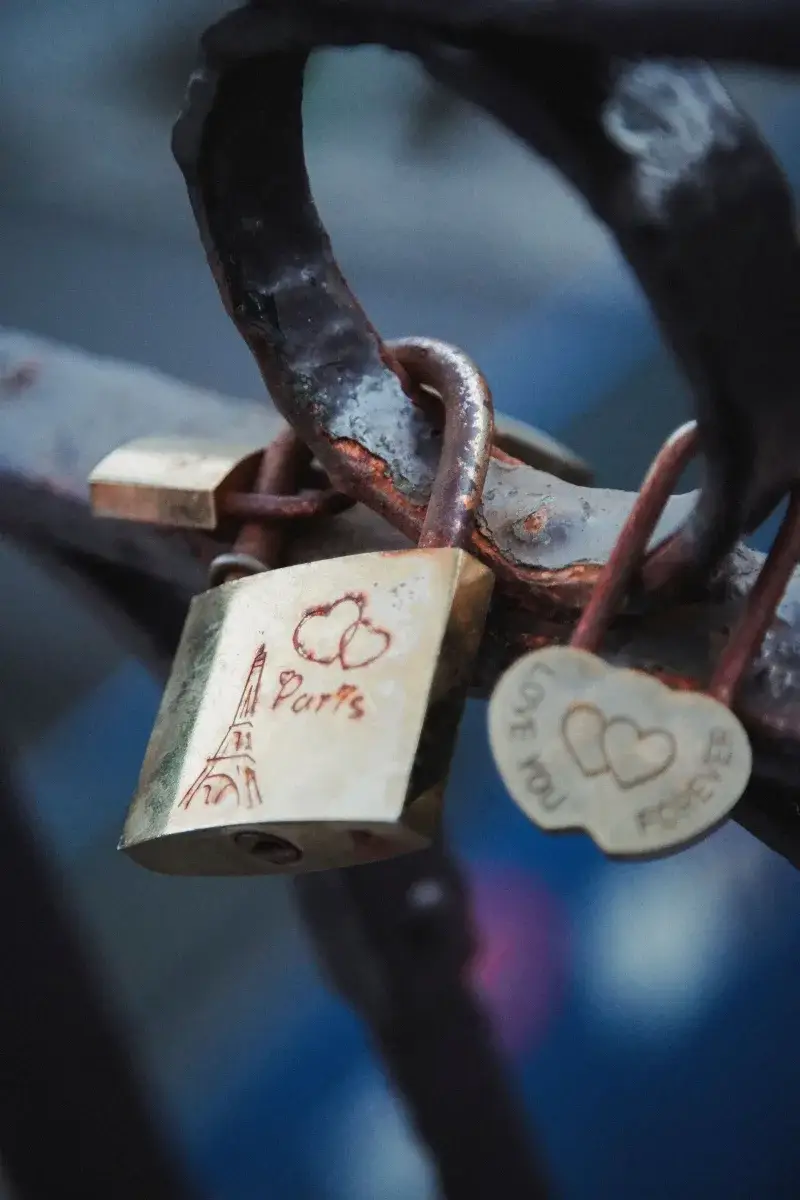 Rusty love padlocks on a Paris bridge, symbolizing romance.