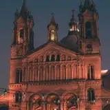 Stunning nighttime view of Catedral San Nicolás de Bari, a sacred landmark in La Rioja, Argentina.