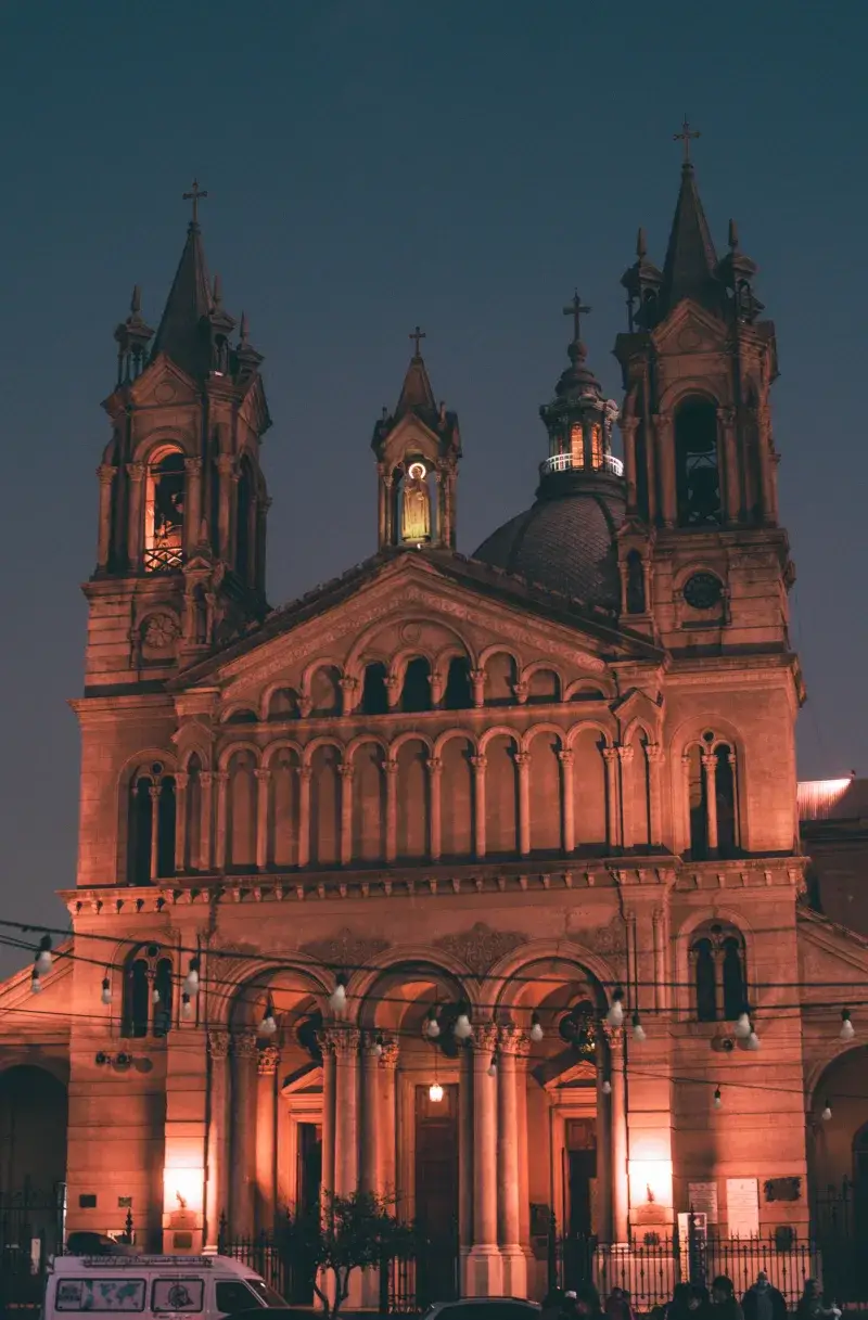 Stunning nighttime view of Catedral San Nicolás de Bari, a sacred landmark in La Rioja, Argentina.