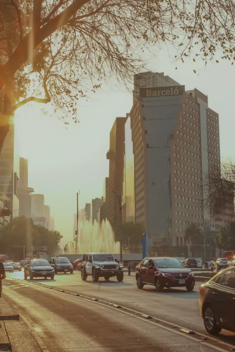 Warm sunset view in Ciudad de México featuring busy streets and tall architecture with a warm urban glow.