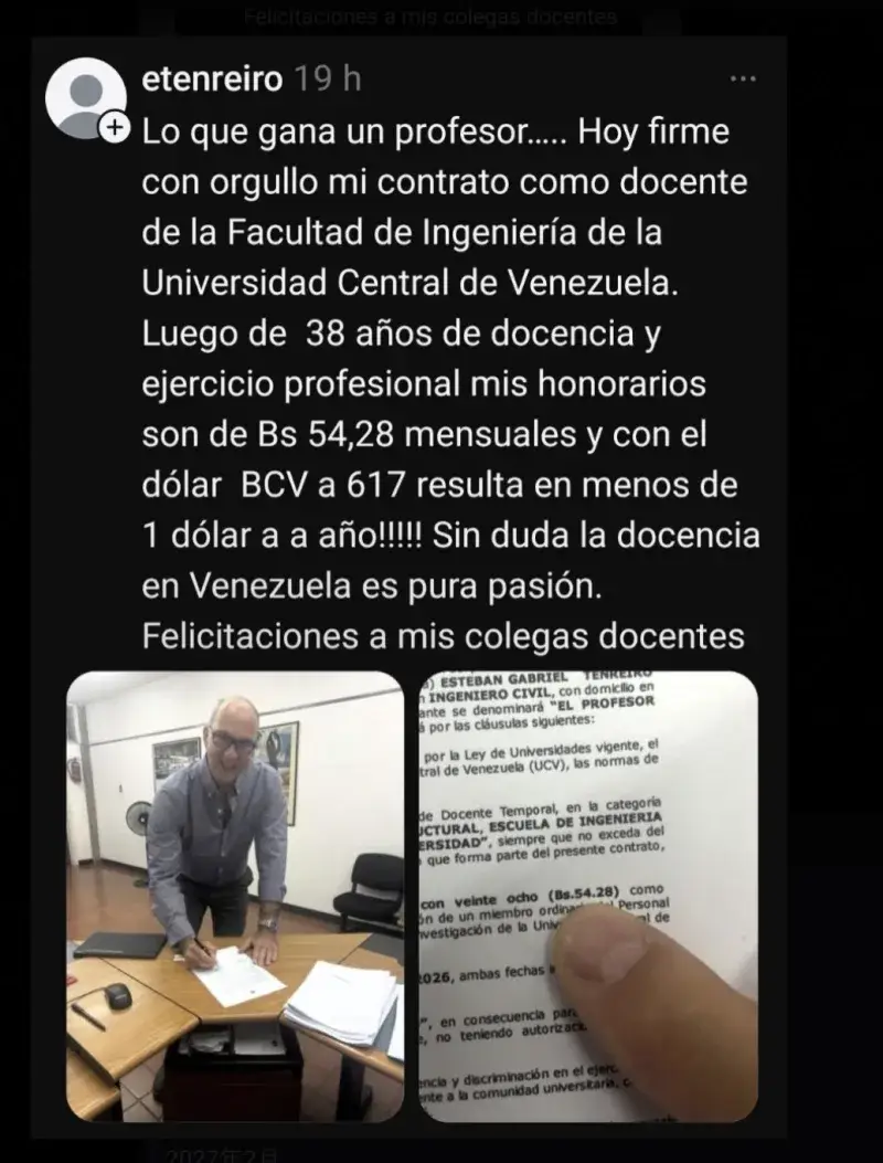 Docente de la UCV gana 54,28 bolívares al mes tras 38 años de carrera