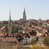 A captivating view of Bern, Switzerland, featuring iconic medieval architecture and the Bern Cathedral.