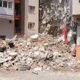 Pile of debris and rubble after demolition in an urban area in İzmir, Türkiye.