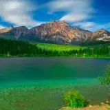Breathtaking view of Patricia Lake and Pyramid Mountain in Jasper National Park, Canada.