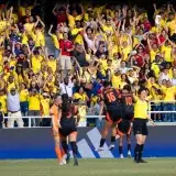 Energetic crowd of Colombian football fans cheering at a match in a vibrant stadium.