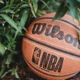 Close-up of an NBA basketball nestled in greenery, showcasing texture and detail.