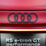 Detailed close-up of the Audi RS e-tron GT badge emphasizing luxury in Toronto.