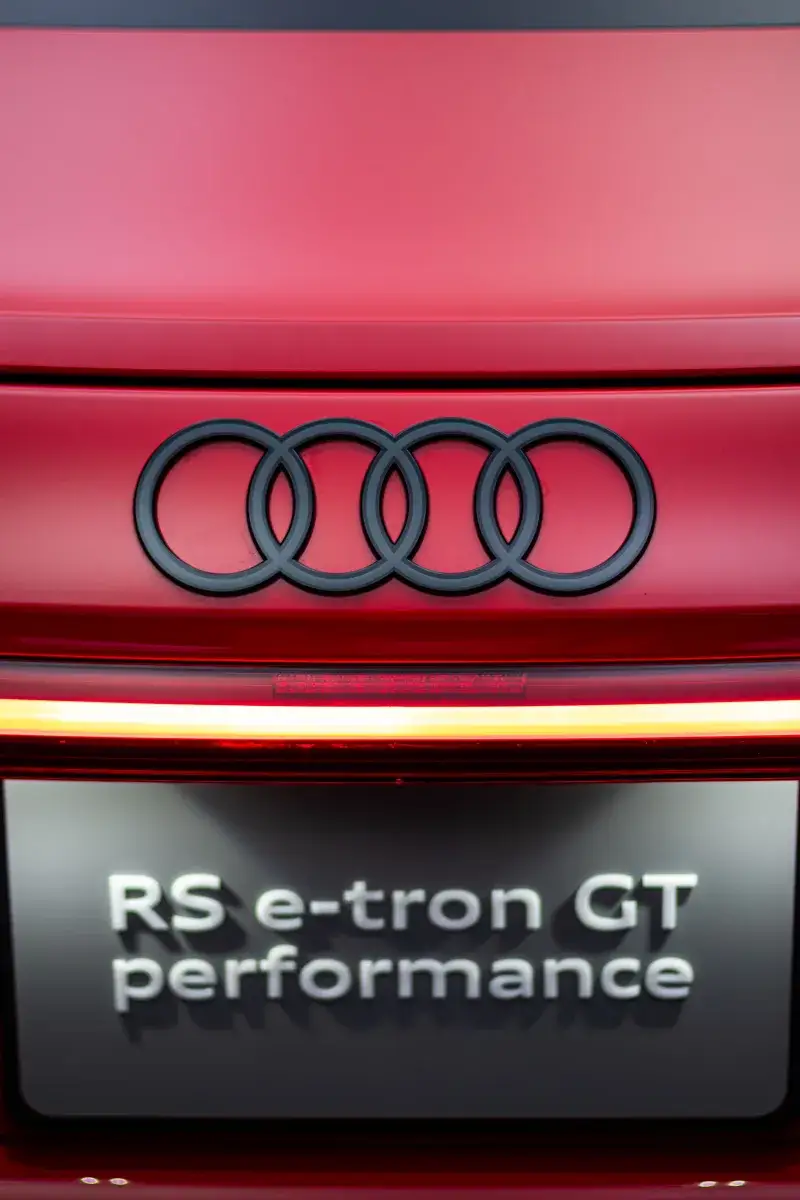 Detailed close-up of the Audi RS e-tron GT badge emphasizing luxury in Toronto.