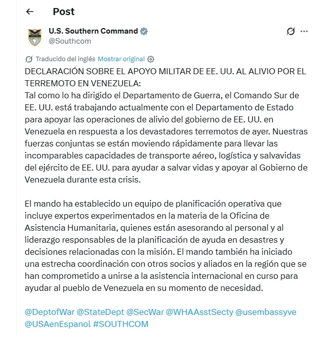 SOUTHCOM moviliza rescate y logística hacia Venezuela tras terremotos de 7,5