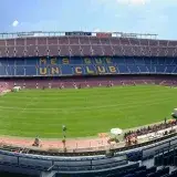 Panoramic view of Camp Nou stadium showcasing its iconic seating and field.