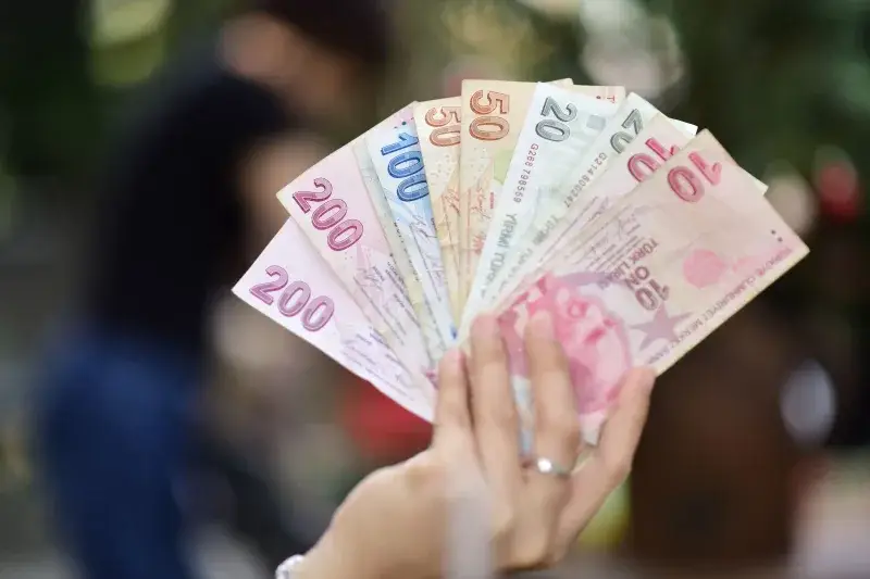 A variety of Turkish Lira in hand, showing multiple banknote denominations.